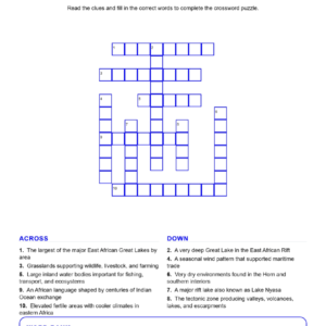 East and Southern Africa (Crossword Worksheets) Geography Grades 6-7 Unit 4.