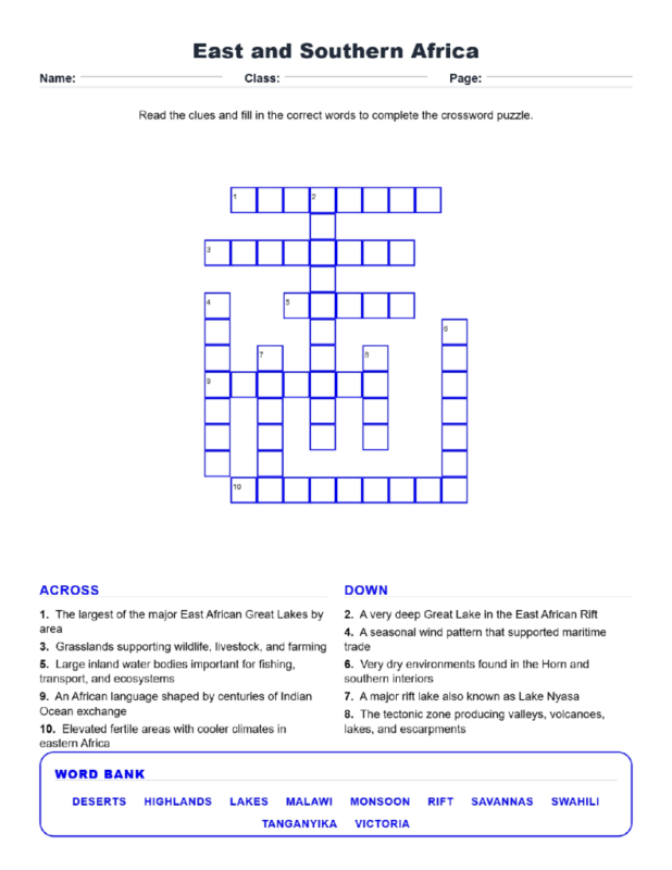 East and Southern Africa (Crossword Worksheets) Geography Grades 6-7 Unit 4.