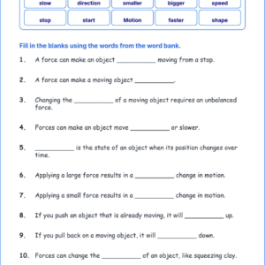 Effects of Forces on Motion TEKS 3.7 A Grade 3 science fill in the blanks worksheets.