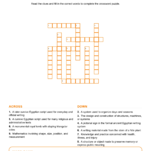 Egyptian Writing Science and Architecture (Crossword Worksheets) Unit 3.
