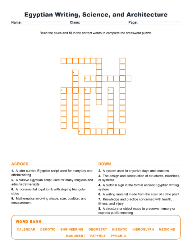 Egyptian Writing Science and Architecture (Crossword Worksheets) Unit 3.