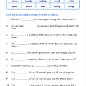 Electrical Energy in Everyday Life TEKS 4.8 A Grade 4 science fill in the blanks worksheets.