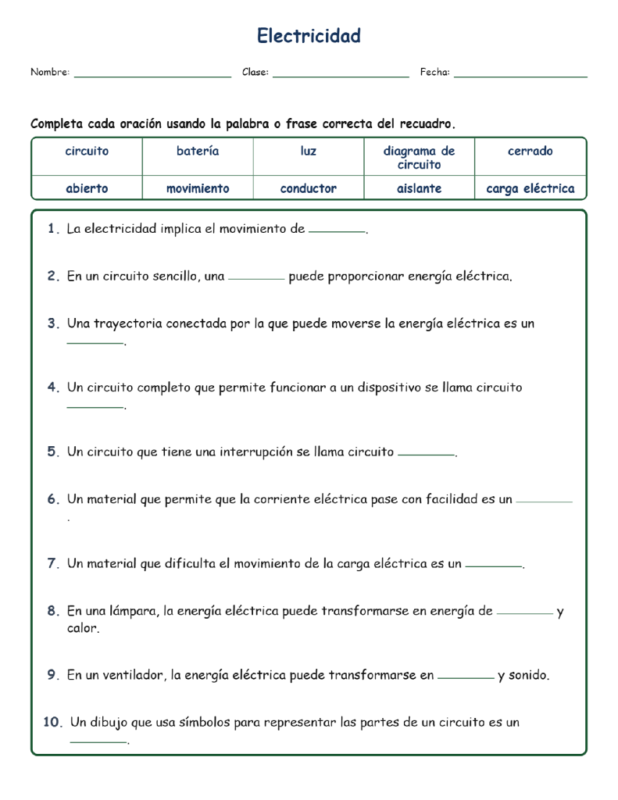 Electricidad Fill MCQ Written Exit Tickets Worksheet NGSS Grado4