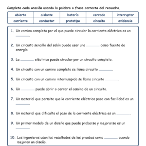 Electricidad y diseño Completar MCQ Escrita Salida Hoja de trabajo NGSS Grado 3