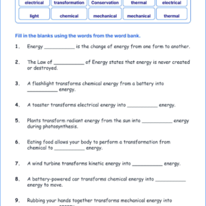 Energy Changes from One Form to Another TEKS 4.8 B Grade 4 science fill in the blanks worksheets.