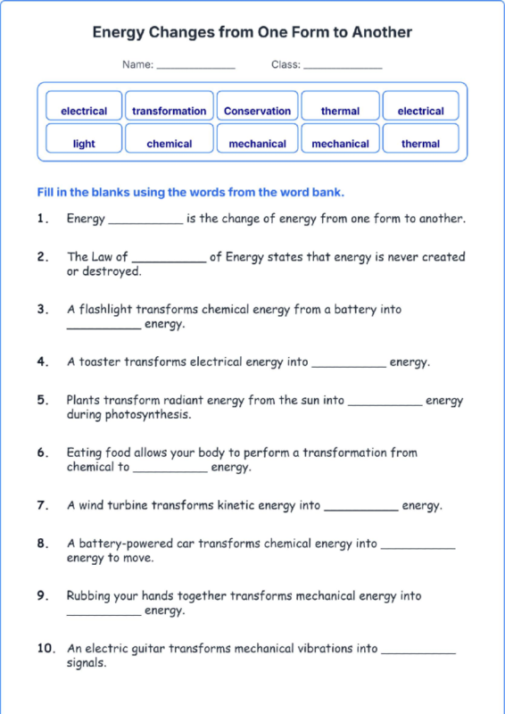 Energy Changes from One Form to Another TEKS 4.8 B Grade 4 science fill in the blanks worksheets.