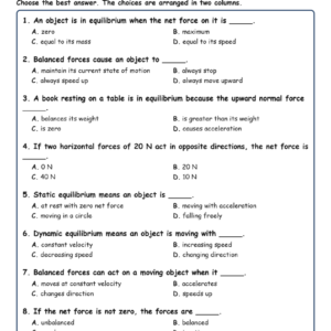 Equilibrium and Fill MCQ Written Exit Tickets Worksheet TEKS Physics