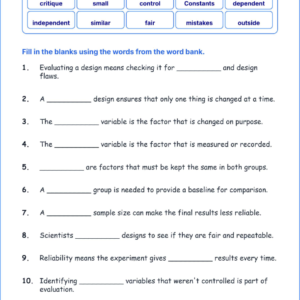 Evaluating Experimental Design TEKS 4.2 D Grade 4 science fill in the blanks worksheets.