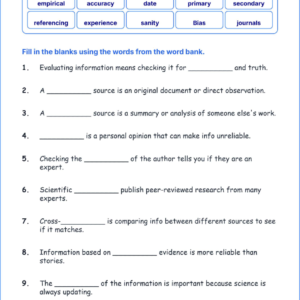 Evaluating Information from Different Sources TEKS 4.4 B Grade 4 science fill in the blanks worksheets.