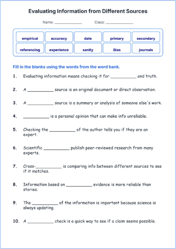 Evaluating Information from Different Sources TEKS 4.4 B Grade 4 science fill in the blanks worksheets.