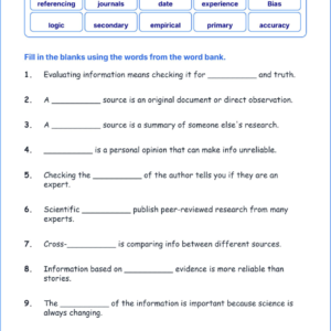 Evaluating Information from Sources TEKS 3.4 B Grade 3 science fill in the blanks worksheets.