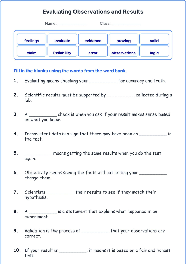 Evaluating Observations and Results TEKS 3.2 A Grade 3 science fill in the blanks worksheets.