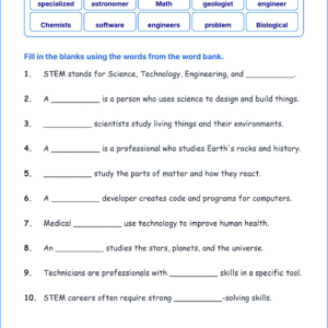 Exploring STEM Careers TEKS 3.4 C Grade 3 science fill in the blanks worksheets.