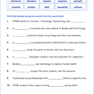 Exploring STEM Careers TEKS 4.4 C Grade 4 science fill in the blanks worksheets.