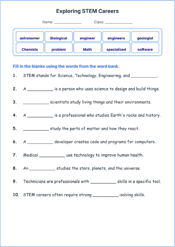 Exploring STEM Careers TEKS 4.4 C Grade 4 science fill in the blanks worksheets.