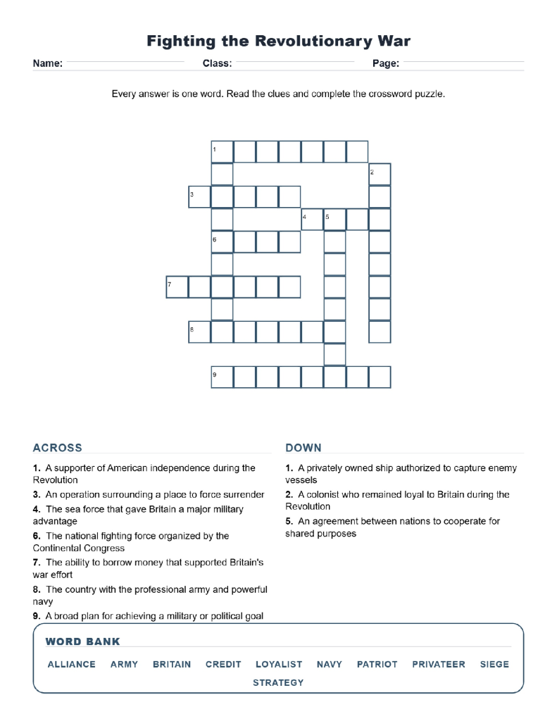 Fighting the Revolutionary War Grade 8 Crossword US History Worksheets.