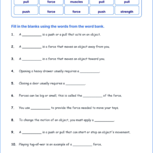 Forces Pushes and Pulls TEKS 3.7 A Grade 3 science fill in the blanks worksheets.