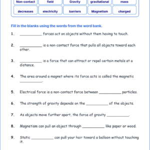 Forces at a Distance TEKS 4.7 A Grade 4 science fill in the blanks worksheets.