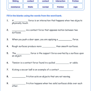 Forces in Contact TEKS 4.7 A Grade 4 science fill in the blanks worksheets.
