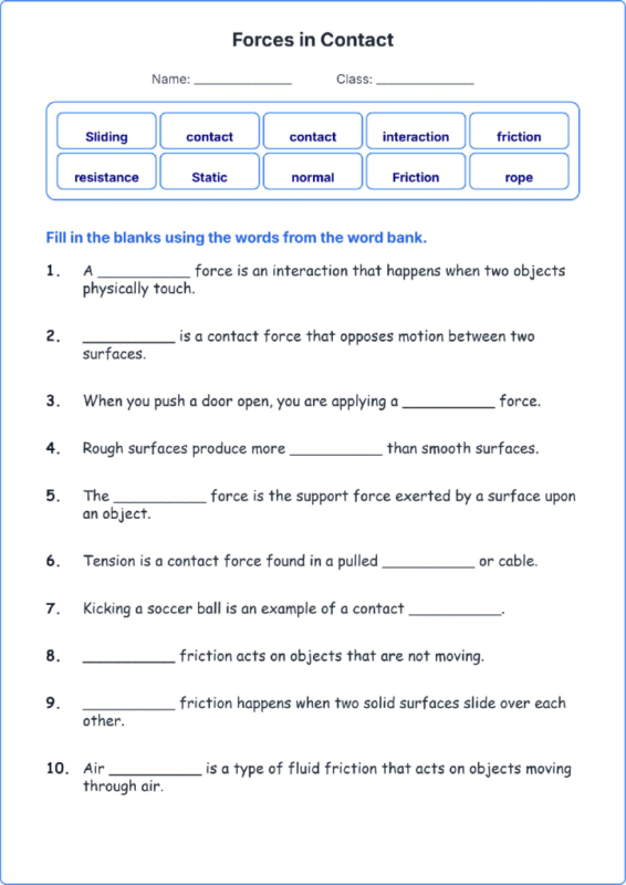 Forces in Contact TEKS 4.7 A Grade 4 science fill in the blanks worksheets.