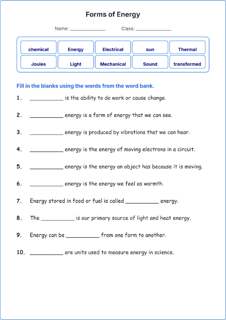 Forms of Energy TEKS 3.7 C Grade 3 science fill in the blanks worksheets.