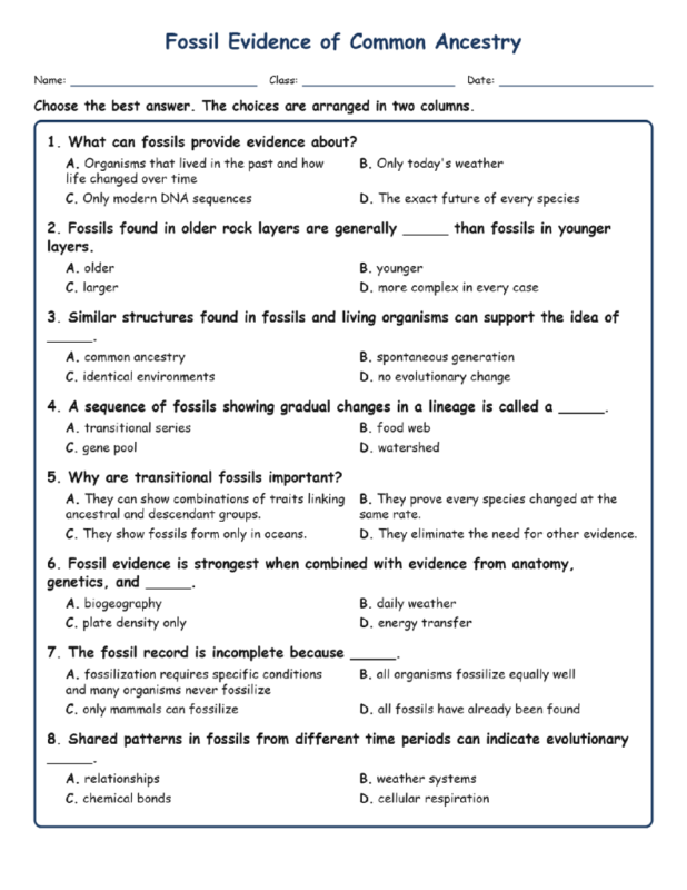 Fossil Evidence of Common MCQs Fill Written Exit Tickets Worksheet TEKS Biology.