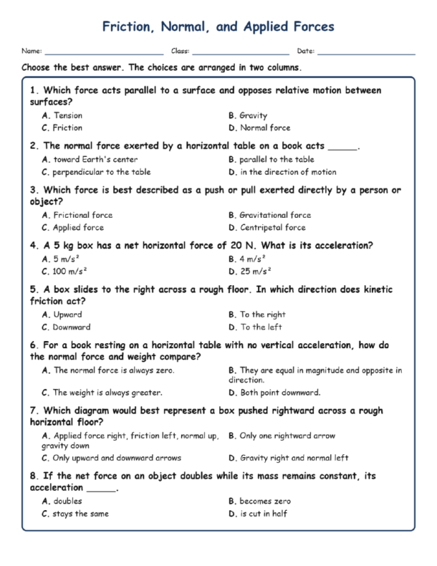 Friction, Normal, and Applied Forces Physics TEKS PHY.5F MCQ Fill Short Exit Wor