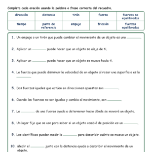 Fuerzas y Completar MCQ Escritas Tickets Hoja NGSS Ciencias Grado 4