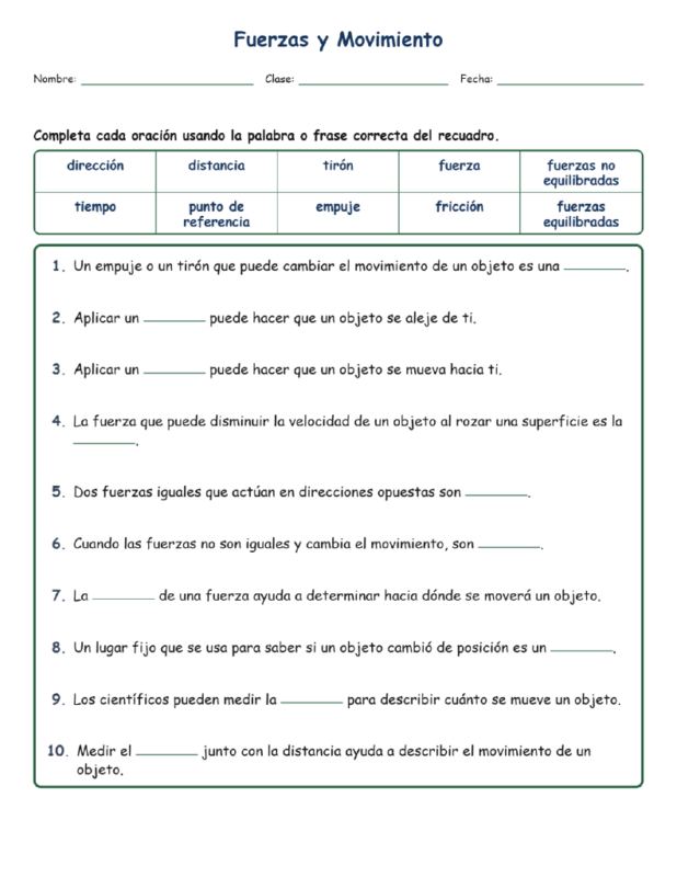 Fuerzas y Completar MCQ Escritas Tickets Hoja NGSS Ciencias Grado 4