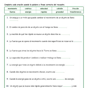 Fuerzas y energía Completar MCQ Escritas Salida Hojas NGSS Grado 4
