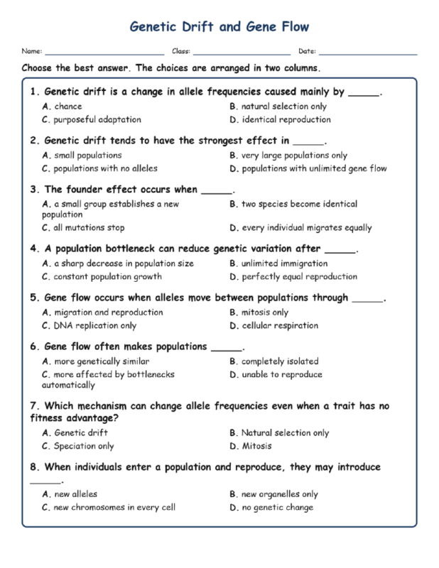 Genetic Drift and Fill MCQ Written Exit Tickets Worksheet TEKS Biology.