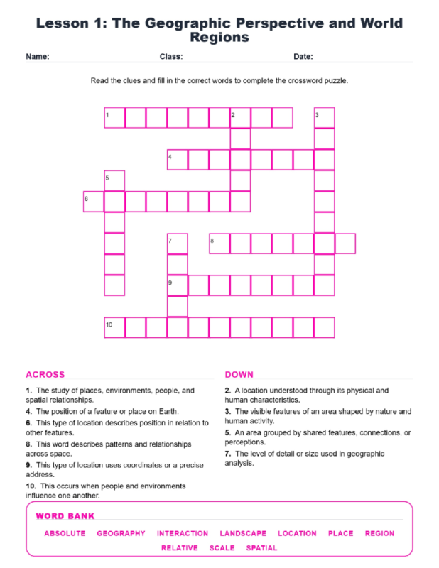 Geographic Perspective and World Regions Crossword Worksheets Geography Grades 6 7.