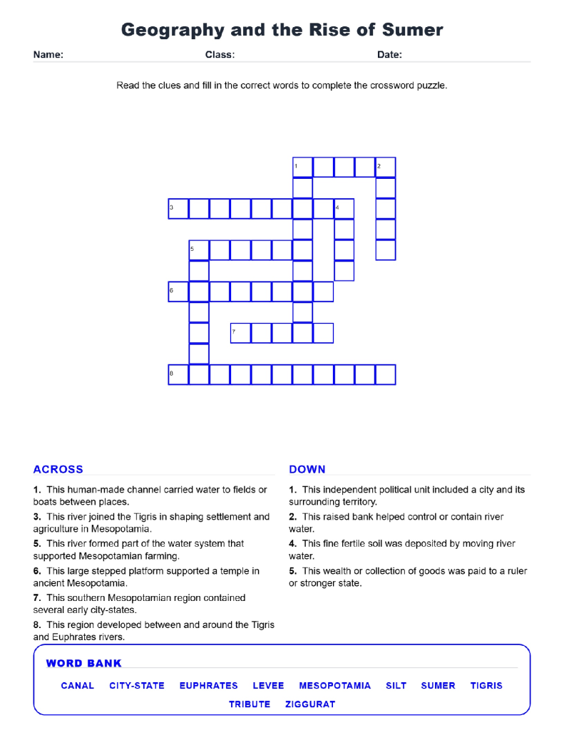 Geography and Rise of Sumer Crossword Worksheets Unit 2.