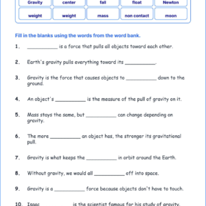 Gravity and Falling Objects TEKS 3.7 A Grade 3 science fill in the blanks worksheets.