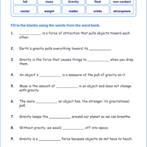 Gravity as a Force TEKS 4.7 A Grade 4 science fill in the blanks worksheets.