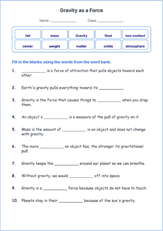 Gravity as a Force TEKS 4.7 A Grade 4 science fill in the blanks worksheets.