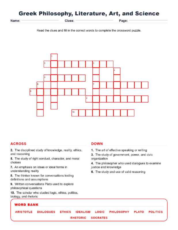 Greek Philosophy Literature Art and Science Crossword Worksheets.
