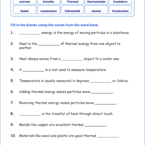 Heat Thermal Energy TEKS 3.7 C Grade 3 science fill in the blanks worksheets.