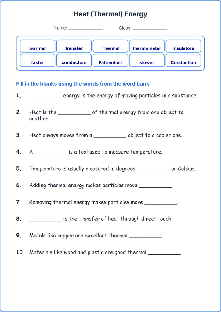 Heat Thermal Energy TEKS 3.7 C Grade 3 science fill in the blanks worksheets.