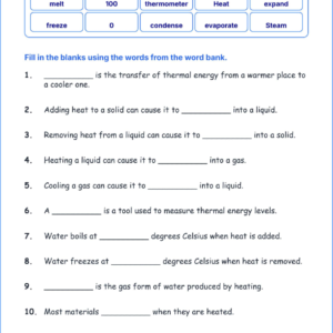 Heating and Cooling Matter TEKS 3.6 C Grade 3 science fill in the blanks worksheets.
