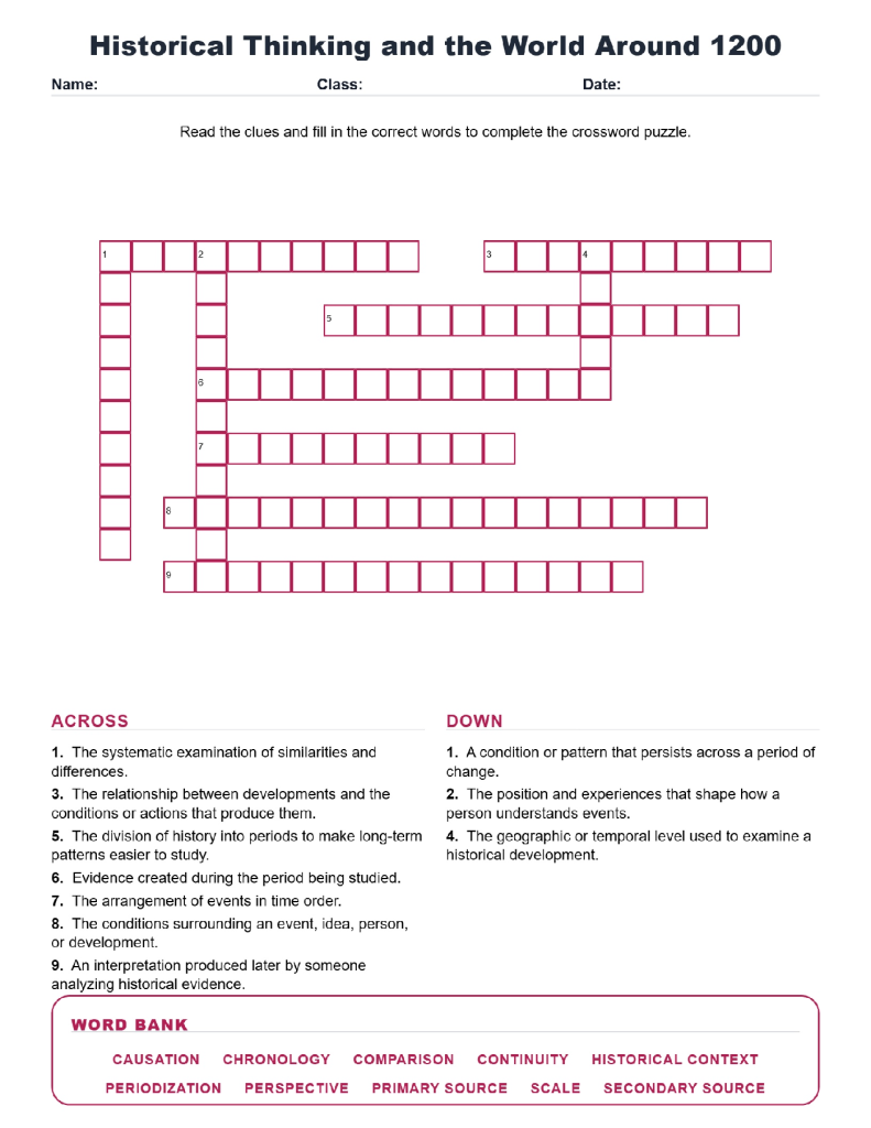 Historical Thinking World Around 1200 World History Crossword Worksheets.