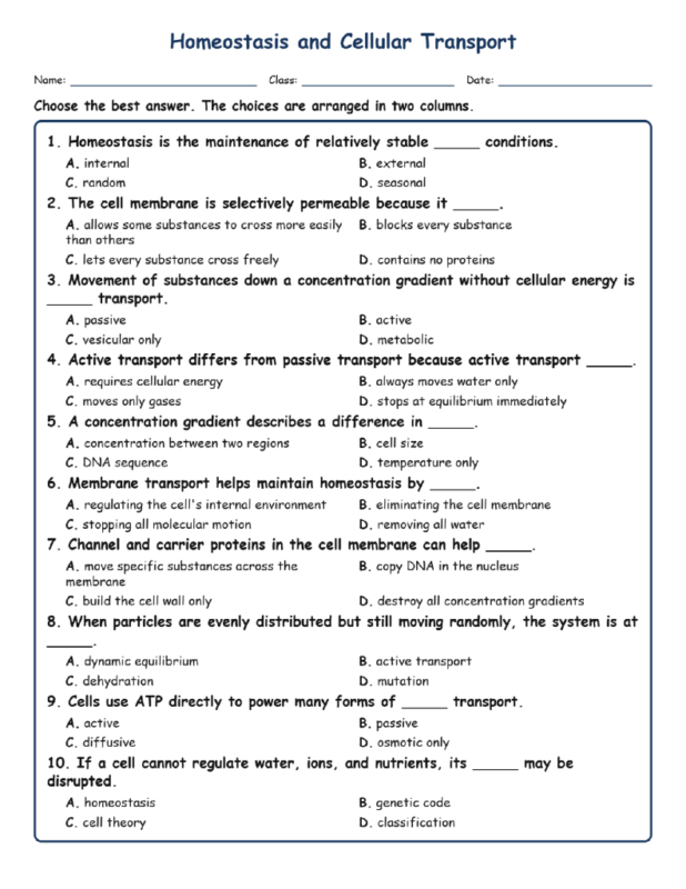 Homeostasis and Cellular Transport MCQ Fill Written Exit Tickets Worksheet T.pdf