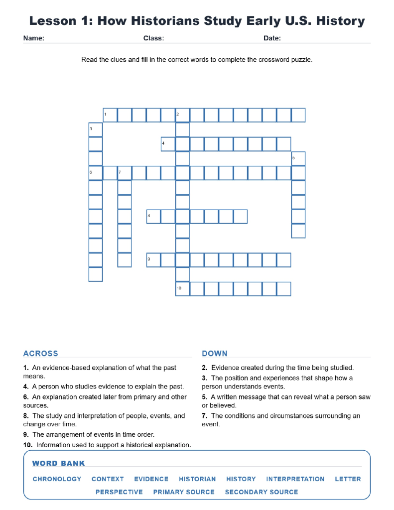 How Historians Study Early US History Crossword US History Worksheets.