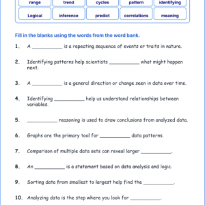 Identifying Patterns in Data TEKS 3.2 B Grade 3 science fill in the blanks worksheets.
