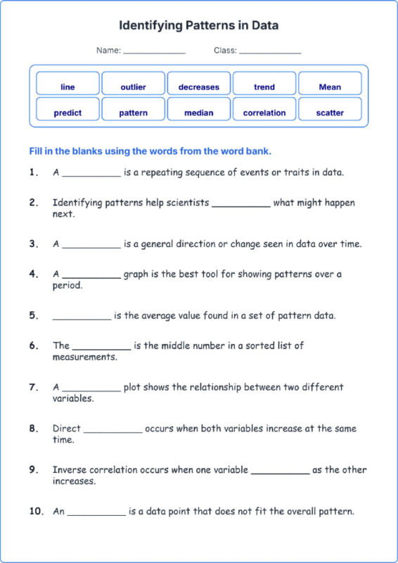 Identifying Patterns in Data TEKS 4.2 B Grade 4 science fill in the blanks worksheets.