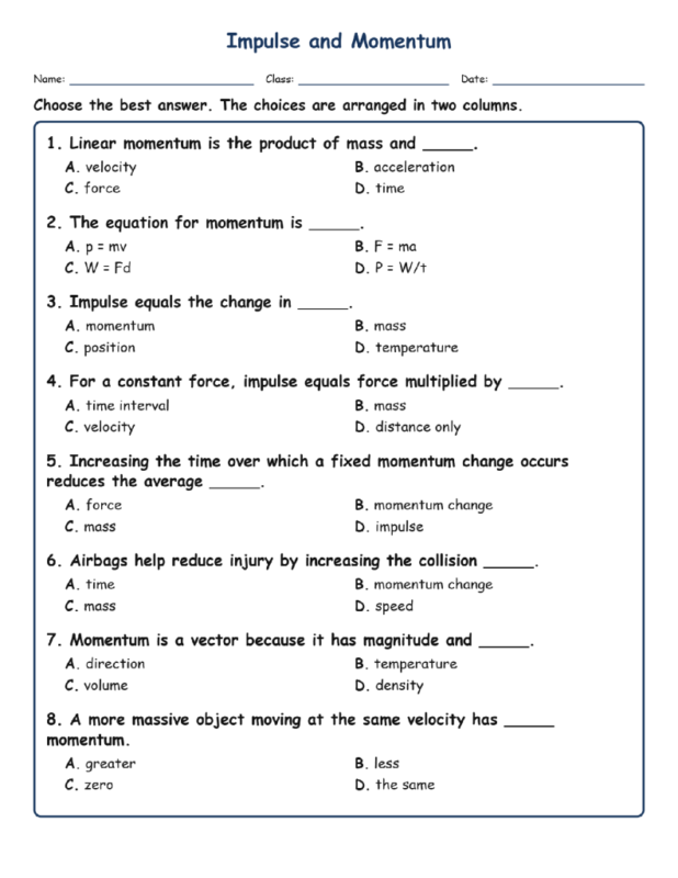 Impulse and Momentum Fill MCQ Written Exit Tickets Worksheet TEKS Physics.