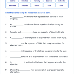 Inherited and Acquired Traits TEKS 4.13 B Grade 4 science fill in the blanks worksheets.