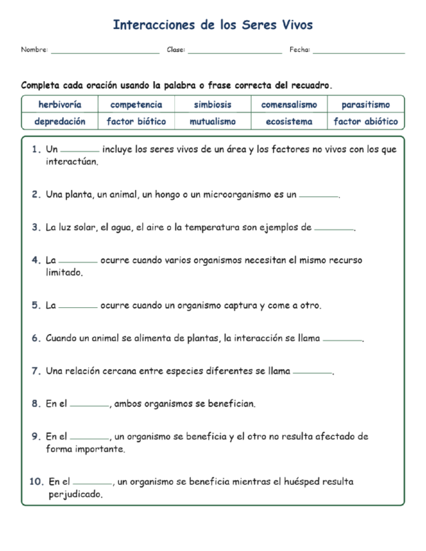Interacciones de los Se Fill MCQ Written Exit Tickets Worksheet NGSS Grado5