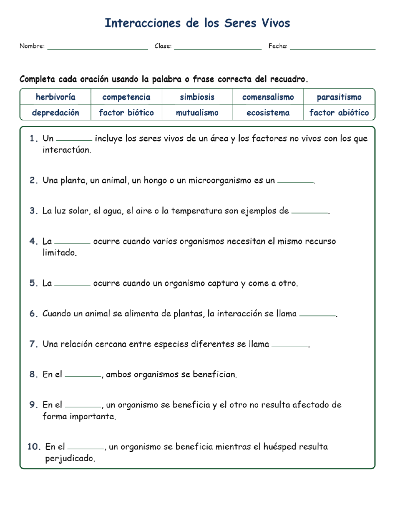 Interacciones de los Se Fill MCQ Written Exit Tickets Worksheet NGSS Grado5