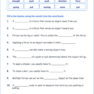 Investigating Pushes and Pulls TEKS 4.7 A Grade 4 science fill in the blanks worksheets.